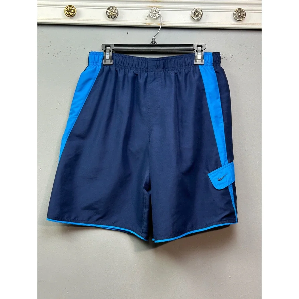 Nike Swim‎ Trunks Mens Large Navy Blue NESS7472 Colorblock Cargo Pocket Athletic